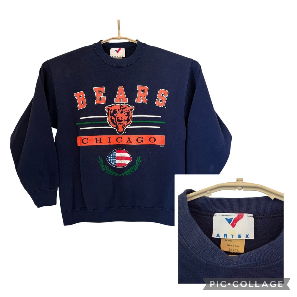 VTG Artex Chicago Bears Sweatshirt Navy Blue Graphic Crewneck USA Large 90s READ